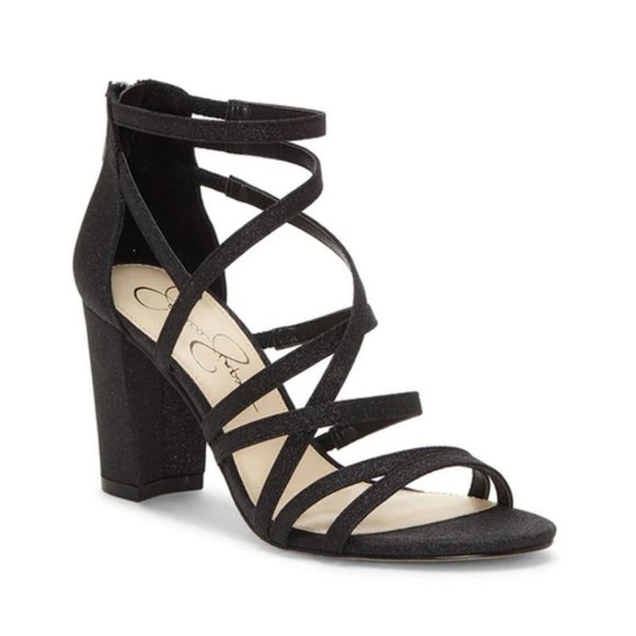 JESSICA SIMPSON Black Glitter Block Heel Dress Sandals - Picture 1 of 7